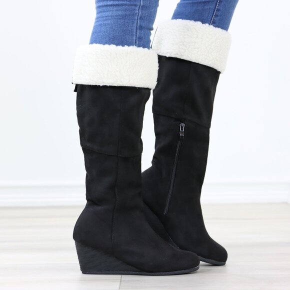 Black Wedge Heeled Boots Sherpa Fold Over Below The Knee Faux Suede - Picture 3 of 12